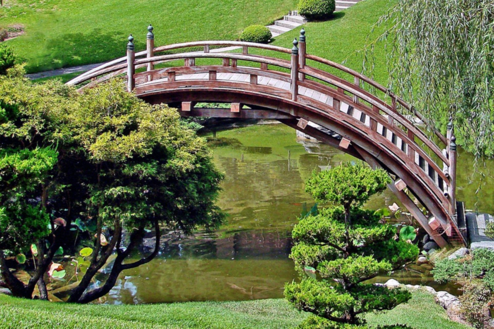 The red moon bridge over a pond in the Japanese Garden at the Huntington in San Marino, a Wikimedia Commons photograph in the encyclopedia of Mike Kobeissi