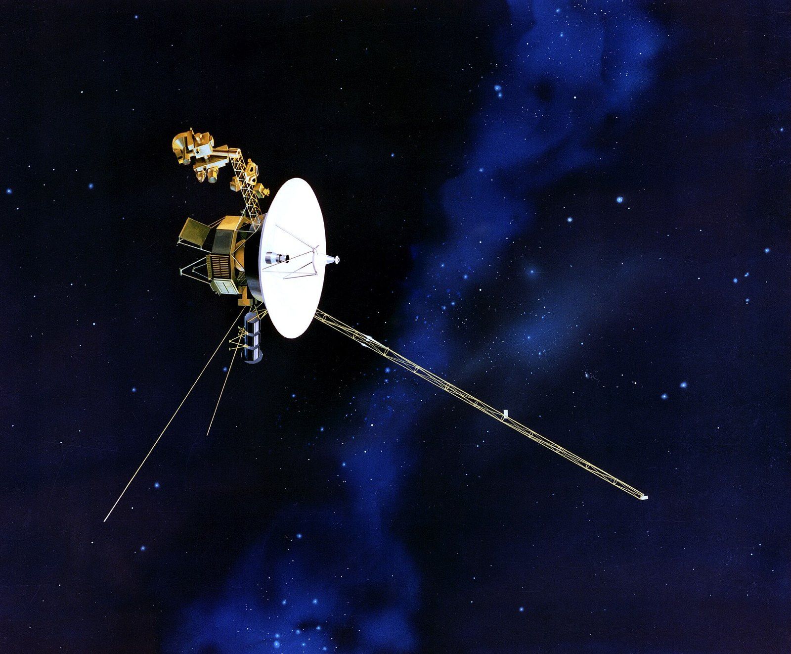 An illustration of a Voyager spacecraft with its dish antenna and long boom against the st, a Wikimedia Commons photograph in the encyclopedia of Mike Kobeissi